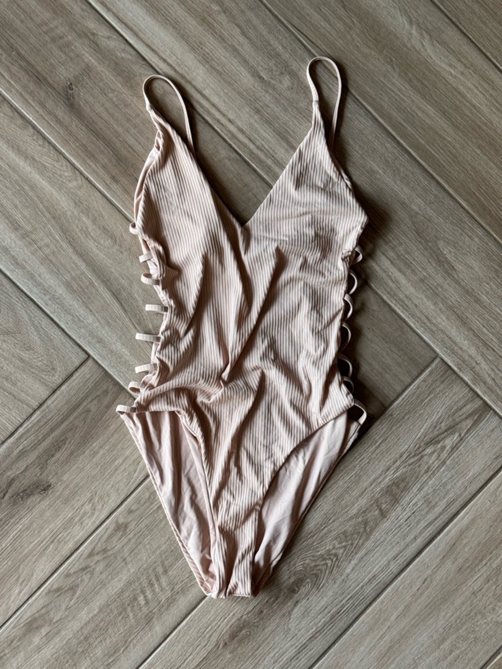 Women’s Ribbed light tan One-Piece Bodysuit with Side Tie Details M